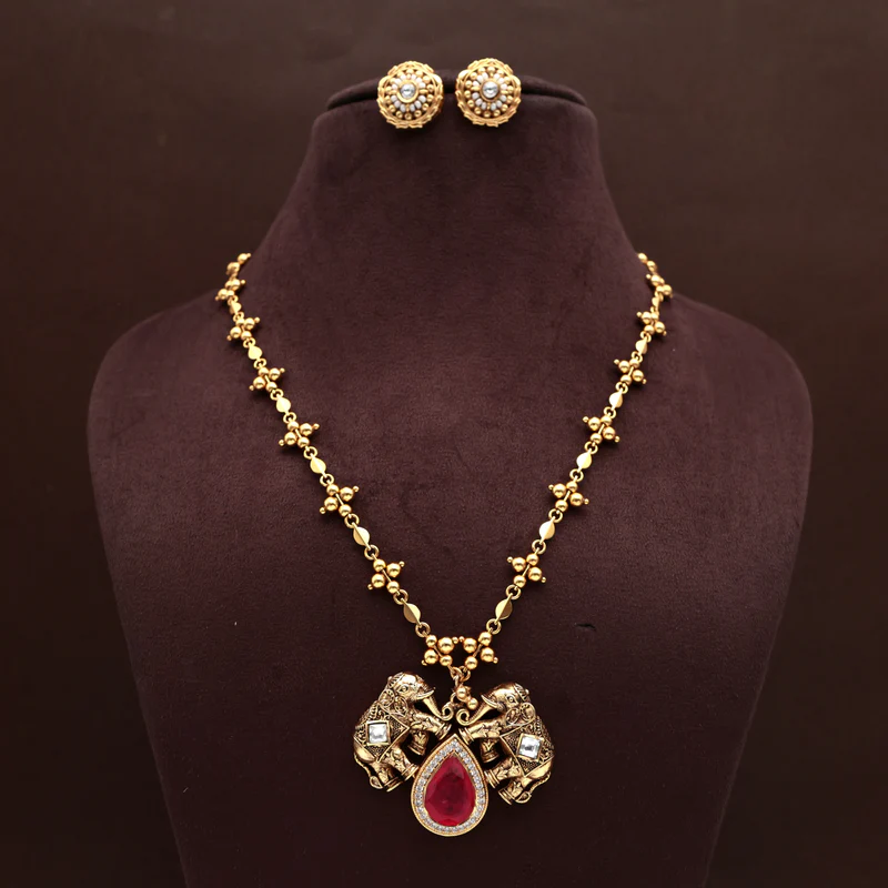 Antique Gold Jadau Kundan Pan Mani Mala Royal Elephants Pendant Chain Set - Red